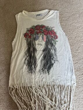 Lauren Moshi White Fringe Tank with Red Floral Crown and Flag Sunglasses